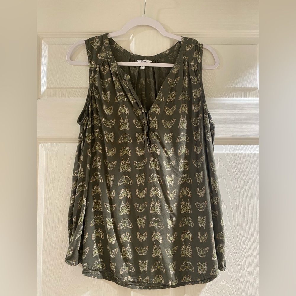 Sonoma Khaki Butterfly Print Sleeveless Blouse